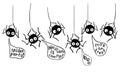 Vector cute black spiders hanging on web. Funny letterings in speech bubbles on Halloween theme Royalty Free Stock Photo