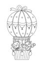 Vector cute black and white bear and raccoon in hot air balloon. Funny birthday animals for card, poster, print design. Holiday