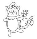 Vector cute black and white cat girl with flower. Dancing domestic animal illustration. Romantic pet isolated on white background Royalty Free Stock Photo