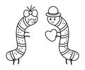 Vector cute black and white caterpillars pair. Loving couple illustration. Love relationship or family concept. Romantic insects