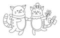 Vector cute black and white cats pair. Loving animal couple illustration. Love relationship or family concept. Hugging kittens