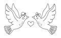 Vector cute black and white doves pair. Loving couple illustration. Love relationship or family concept. Romantic birds isolated