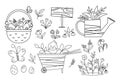 Vector cute black and white garden and Easter icons pack. Wheel barrow, watering can, eggs, first flowers and plants coloring page