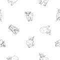 Vector cute black white outline seamless pattern of highland Scottish cows bulls, which sit, stand, lie on ground. Animals are Royalty Free Stock Photo