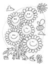 Vector cute black and white outlines happy cheeky daisy flowers portrait with bee and sun. Great coloring page for kids