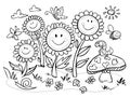 Vector cute black and white outlines happy cheeky smiley flowers horizontal with mushroom illustration. Great coloring page for