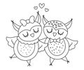 Vector cute black and white owls pair. Loving couple illustration. Love relationship or family concept. Romantic birds isolated on