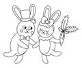 Vector cute black and white rabbits pair. Loving animal couple illustration. Love relationship or family concept. Hugging hares