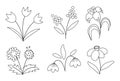 Vector cute black and white spring flowers icons set. First blooming plants outline illustration. Floral clip art collection or Royalty Free Stock Photo