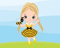 Vector cute blond little girl with pigtails running to catch bee