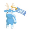 Vector cute blue cartoon reindeer toy with sale label. Funny character for merry christmas and new year holiday illustrations