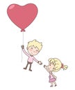 Vector of cute boy and girl loving couple with big heart balloon