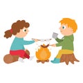 Vector cute boy and girl sitting by the fire and frying sausage and marshmallow. Campfire activity scene with cute kids. Travelers