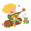 Vector cute boy playing the guitar and singing sitting on a log. Campfire activity scene with cute kid and frog. Traveler isolated Royalty Free Stock Photo