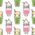 Vector Cute Bubble Tea Seamless Pattern for Kids. Plastic Takeaway Cups with Cat Kawaii Face. Summer Pearl Milk Beverage