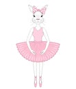 Vector cute bunny girl in dress like ballerina. Hand drawn anthropomorphic rabbit, illustration for t-shirt print, kids greeting