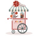 Vector cute candy cart. Flat illustration of a street fast food. Cartoon street point of sale of candies, lollipops