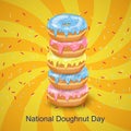 Vector cute card National Donut Day with stack of glaze Doughnuts on bright colorful background