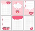 Vector cute cards. Notes, stickers, labels, tags with funny cups and hearts. Design for craft paper, scrapbook, template and greet Royalty Free Stock Photo