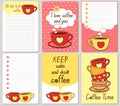 Vector cute cards. Notes, stickers, labels, tags with funny cups and hearts. Design for craft paper, scrapbook, template and greet Royalty Free Stock Photo