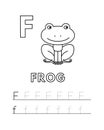 Vector Cute Cartoon Animals Alphabet and Tracing Practice Letter F. Frog Coloring Pages Royalty Free Stock Photo