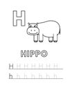 Vector Cute Cartoon Animals Alphabet and Tracing Practice Letter H. Hippo Coloring Pages Royalty Free Stock Photo