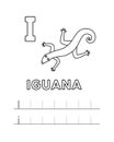 Vector Cute Cartoon Animals Alphabet and Tracing Practice Letter I. Iguana Coloring Pages