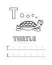 Vector Cute Cartoon Animals Alphabet and Tracing Practice Letter T. Turtle Coloring Pages Royalty Free Stock Photo