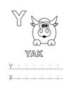 Vector Cute Cartoon Animals Alphabet and Tracing Practice Letter Y. Yak Coloring Pages Royalty Free Stock Photo