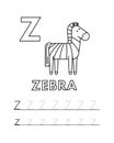 Vector Cute Cartoon Animals Alphabet and Tracing Practice Letter Z. Zebra Coloring Pages Royalty Free Stock Photo