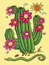 Vector cute cartoon cactus illustration with happy daisy flowers and snake. Perfect for greeting cards and welcome signs