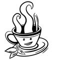 Vector cute cartoon cup of tea or coffee. Line sketch illustration. Logo, print for design cafe menu and more. Isolated on white Royalty Free Stock Photo