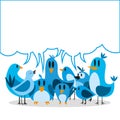 A Vector Cute Cartoon Group Of Blue Birds And Board For Text