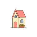 Vector Cute cartoon house, cottage decorated with leaves and flowers icon. Vector simple house with red roof icon Royalty Free Stock Photo