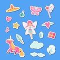 Vector cute cartoon magic and fairytale elements stickers set illustration