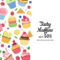 Vector cute cartoon muffins or cupcakes background with place for text illustration