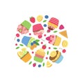 Vector cute cartoon muffins or cupcakes in circle shape illustration