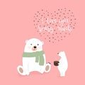 Vector cute cartoon polar bear child giving cup of coffee to mommy, Happy family bear and flying bees in heart shape with `I love Royalty Free Stock Photo