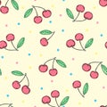 Vector cute cartoon seamless polka dot pattern with cherry, colorful dots isolated on empty background, sketch doodle texture, Royalty Free Stock Photo