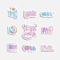 Vector cute cartoon set of fashion girly phrases and words - yes, no, hell girl and other word stickers on fashion girl Royalty Free Stock Photo