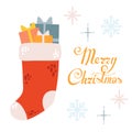 Vector cute cartooon red cristmas sock full of cristmas gifts, presents