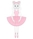 Vector cute cat in dress like ballerina. Hand drawn anthropomorphic kitty, illustration for t-shirt print, kids greeting card, in