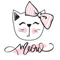 Vector cute cat illustration. Hand drawn Stylish kitten. Doodle Kitty. Meow lettering. Royalty Free Stock Photo