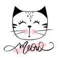 Vector cute cat illustration. Hand drawn Stylish kitten. Doodle Kitty. Meow lettering. Royalty Free Stock Photo