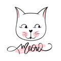 Vector cute cat illustration. Hand drawn Stylish kitten. Doodle Kitty. Meow lettering. Royalty Free Stock Photo