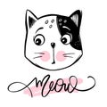 Vector cute cat illustration. Hand drawn Stylish kitten. Doodle Kitty. Meow lettering. Royalty Free Stock Photo