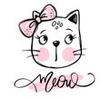 Vector cute cat illustration. Hand drawn Stylish kitten. Doodle Kitty. Meow lettering. Royalty Free Stock Photo