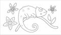 Vector cute chameleon on a tree brunch outline. Funny tropical exotic animal black and white illustration. Fun coloring page for