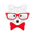 Vector cute cheerful fashion raccoon portrait. Hand drawn hipster anthropomorphic animal head with red bow tie, glasses. Royalty Free Stock Photo