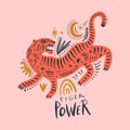 Vector cute childish animal, baby illustration, bengal tiger comic cartoon style art, stripes pattern. Hand drawn lettering print Royalty Free Stock Photo